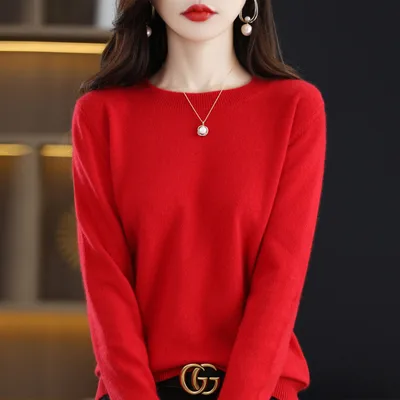 Solid Color Simple Pullover Cashmere Loose Sweater Cherry Red - Shop at LoveMi