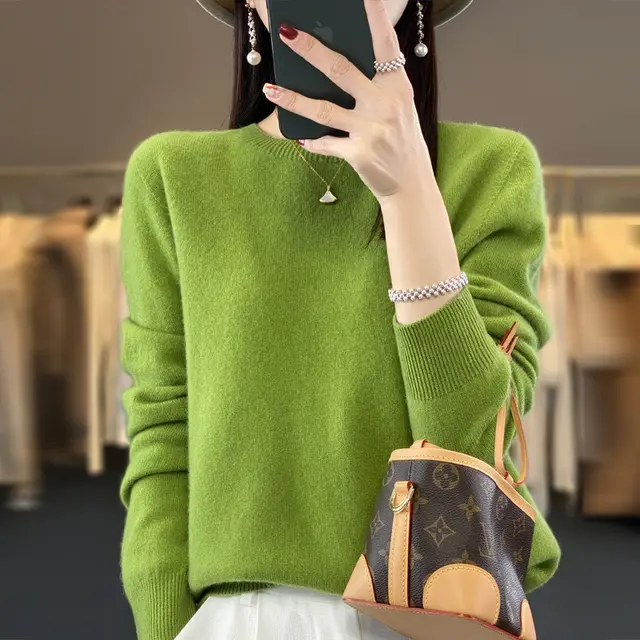 Solid Color Simple Pullover Cashmere Loose Sweater Diamond Green - Shop at LoveMi