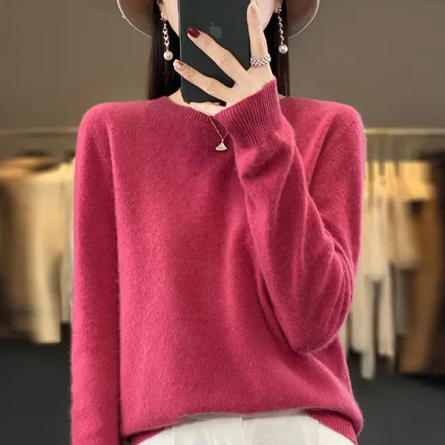 Solid Color Simple Pullover Cashmere Loose Sweater Raspberry Color - Shop at LoveMi
