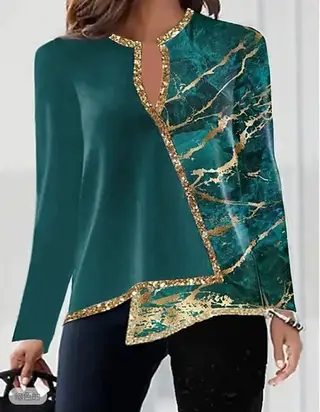 V-neck Fashion Irregular Hem Long Sleeved Fitted T-shirt - 1 Style
