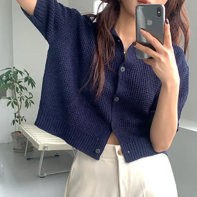 Draping Lapel Cardigan Sweater Solid Color Sweater With Short Sleeves Navy Blue - Shop at LoveMi