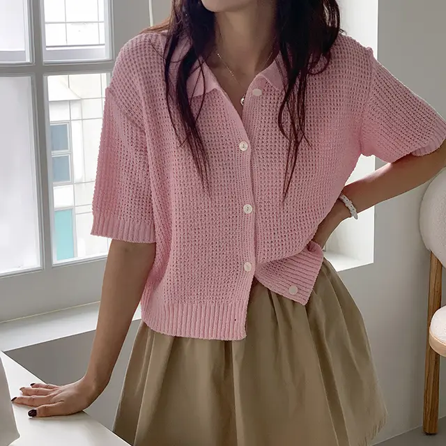 Draping Lapel Cardigan Sweater Solid Color Sweater With Short Sleeves Pink - Shop at LoveMi