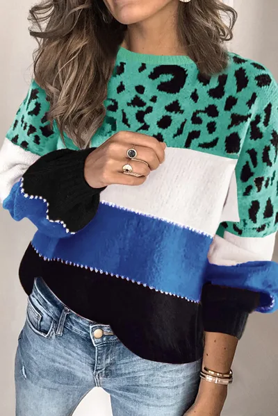 European And American Stitching Leopard Print Plus Size Crew Neck Pullover Sweater Blue - Shop at LoveMi