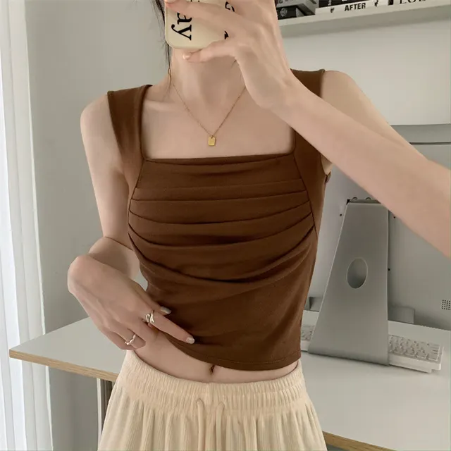 French Pleated Small Sling Vest For Women Inner Bottoming Shirt Coffee Color - Shop at LoveMi