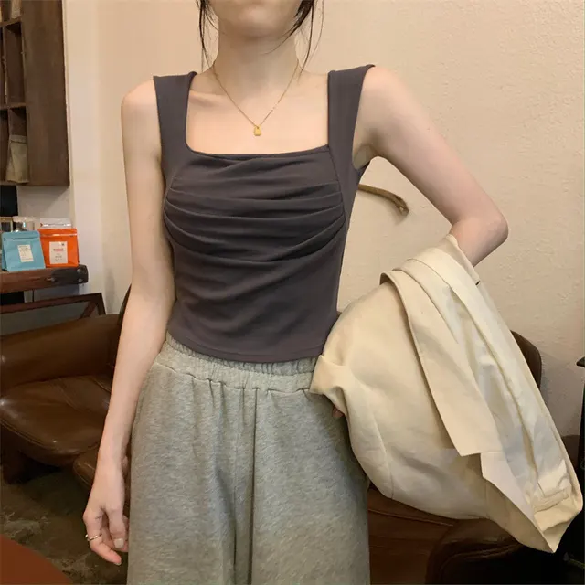 French Pleated Small Sling Vest For Women Inner Bottoming Shirt Gray - Shop at LoveMi
