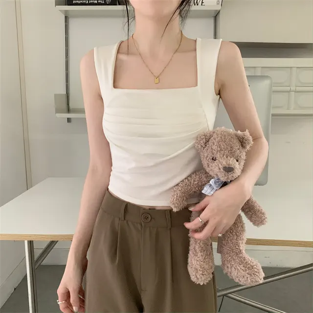 French Pleated Small Sling Vest For Women Inner Bottoming Shirt White - Shop at LoveMi