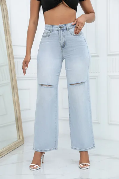 Elegant Ripped Wide leg Jeans Women Light Blue - Shop at LoveMi