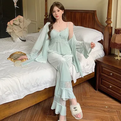 Gold Velvet Pajamas Women's Chest Pad Pure Desire Style Lace Suspenders Three piece Set Light Blue - Shop at LoveMi