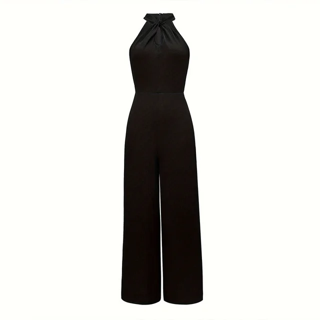 Solid Color Elegant Commuter Halter Sleeveless Long Jumpsuit Black - Shop at LoveMi