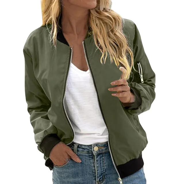 Women's Solid Color Cool Girl Baseball Jackets Round Neck Zipper Vintage Bomber Jacket Autumn Casual Female Bomber Jacket Chic Outerwear Army Green - Shop at LoveMi