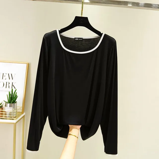 Modal Square Collar Long Sleeve Thin Shirt Black - Shop at LoveMi