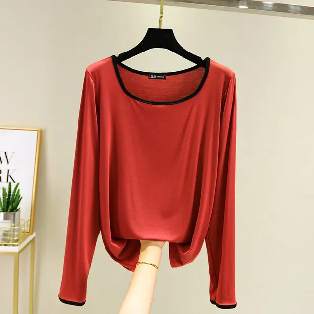 Modal Square Collar Long Sleeve Thin Shirt Brick Red - Shop at LoveMi