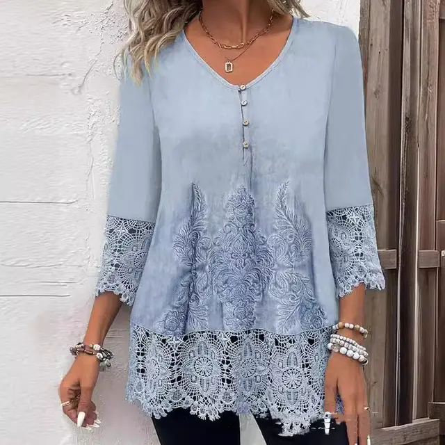 Holiday Fashion Hollow Out Short Sleeve Women's T shirt Sky Blue - Shop at LoveMi