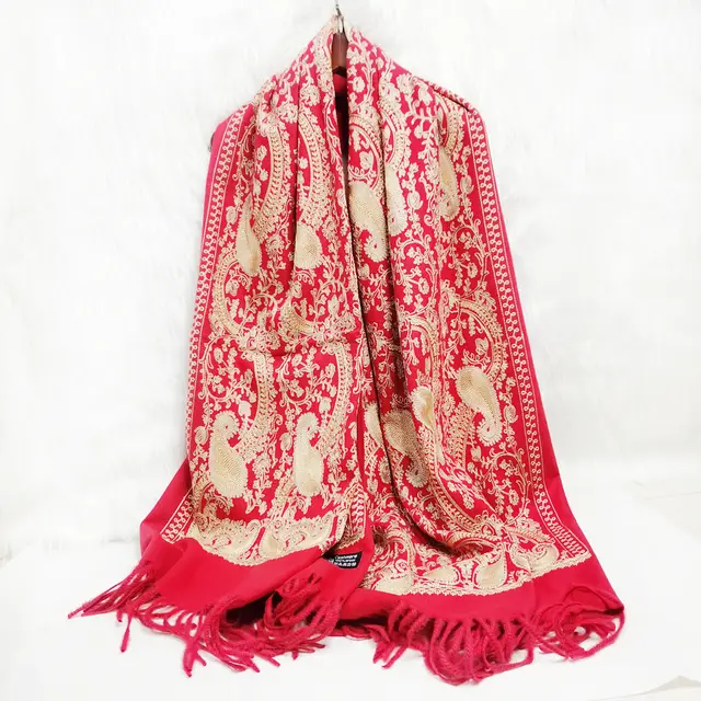 Cashmere Gold Cashew Scarf Embroidered Ethnic Style Wine Red - Shop at LoveMi