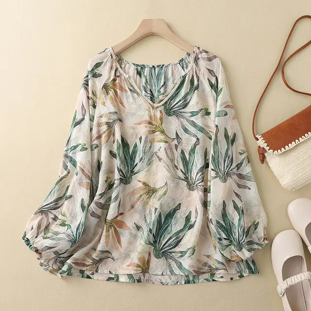 Casual All match Lantern Sleeve V neck Printed Sweet Style Blouse Green - Shop at LoveMi