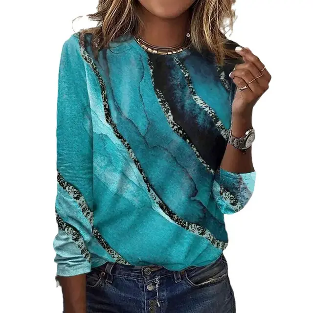 Gradient Color Ladies Abstract Printed Loose Top Peacock Blue - Shop at LoveMi
