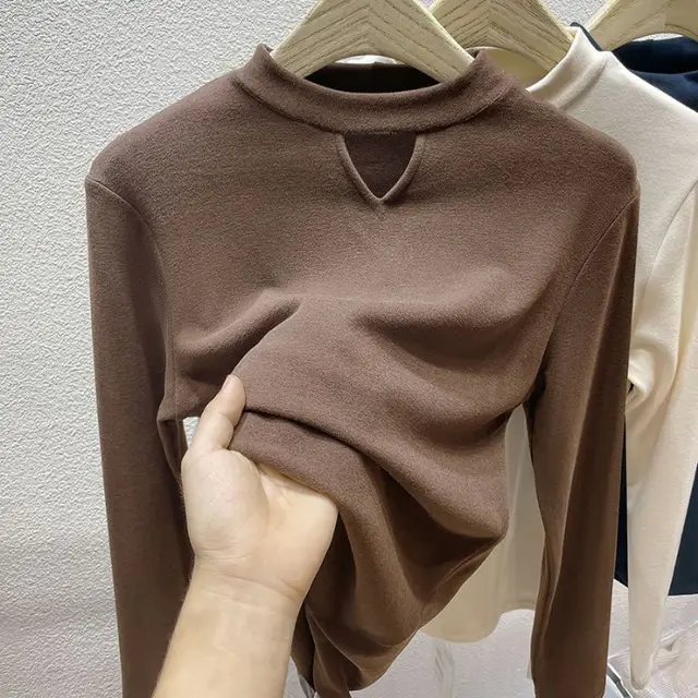 Women's Half turtleneck Brushed Double sided Dralon Bottoming Shirt Brown - Shop at LoveMi