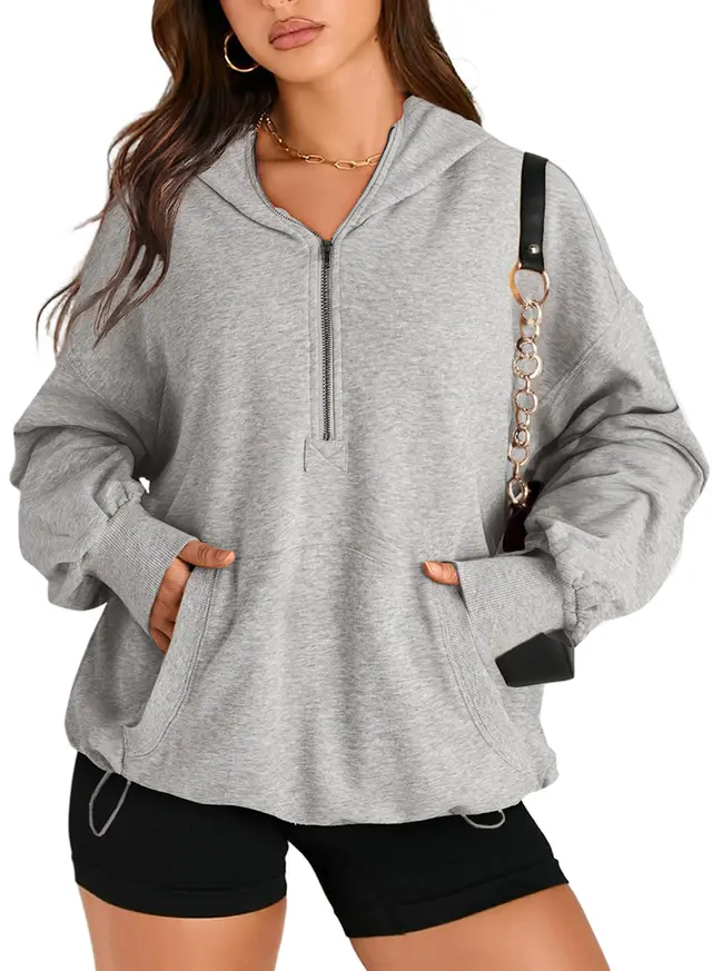 Solid Color Long Sleeve Hooded Zipper Sweatshirt Light Gray - Shop at LoveMi