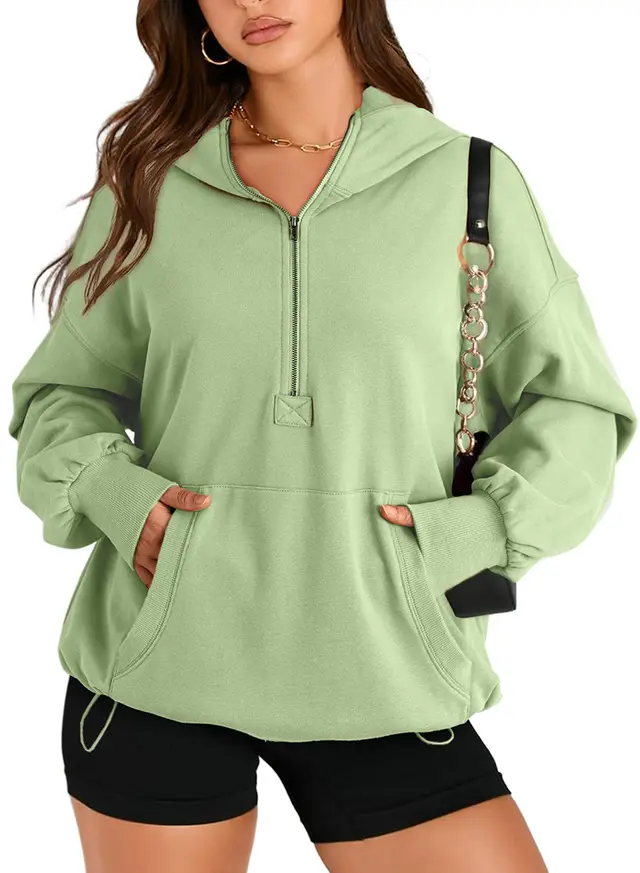 Solid Color Long Sleeve Hooded Zipper Sweatshirt Light Green - Shop at LoveMi