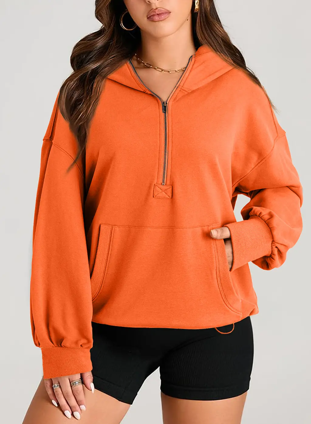 Solid Colour Long Sleeve Hooded Zipper Sweatshirt - Orange Red