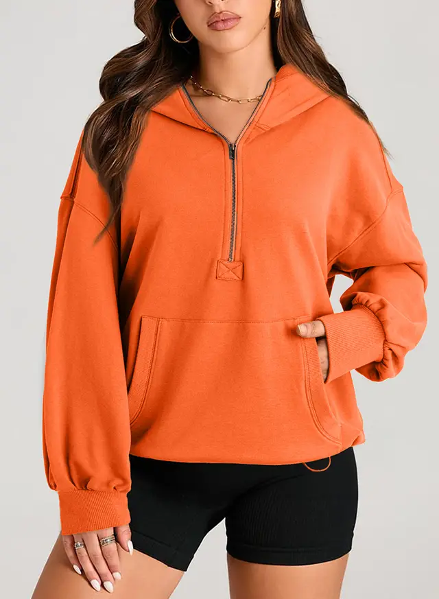 Solid Color Long Sleeve Hooded Zipper Sweatshirt Orange Red - Shop at LoveMi