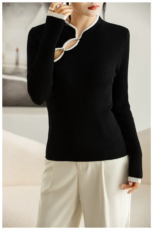 Wool Hollow out Plate Buckle Stand Collar Design Sweater Thin Black - Shop at LoveMi