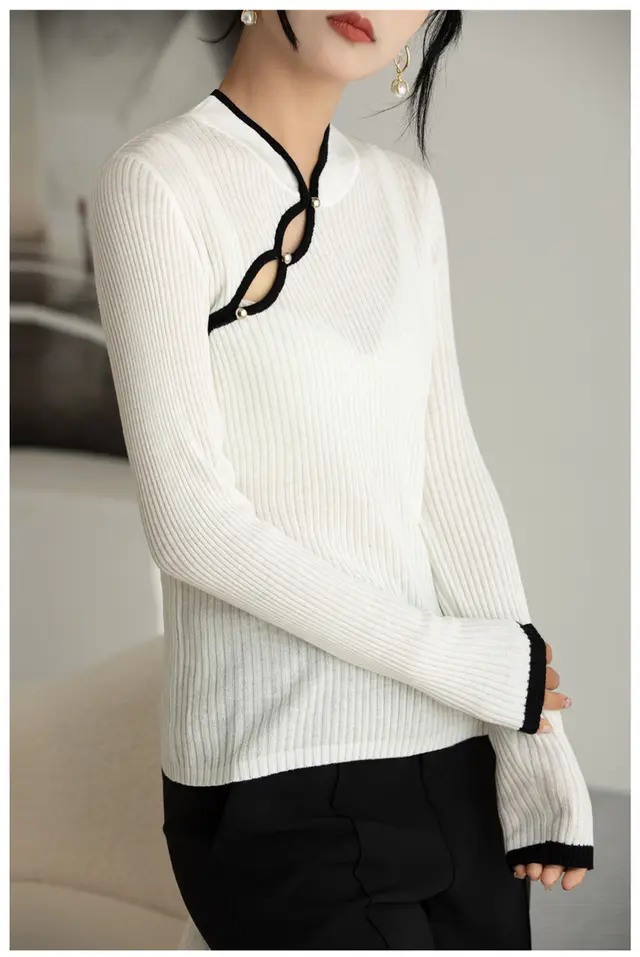 Wool Hollow out Plate Buckle Stand Collar Design Sweater Thin White - Shop at LoveMi