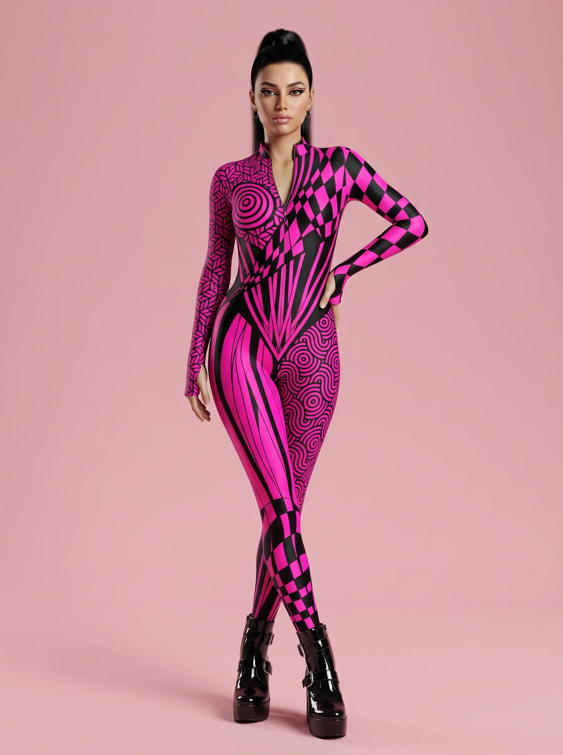 Geometric Print Halloween Costume Catsuit for Women - Hot Pink