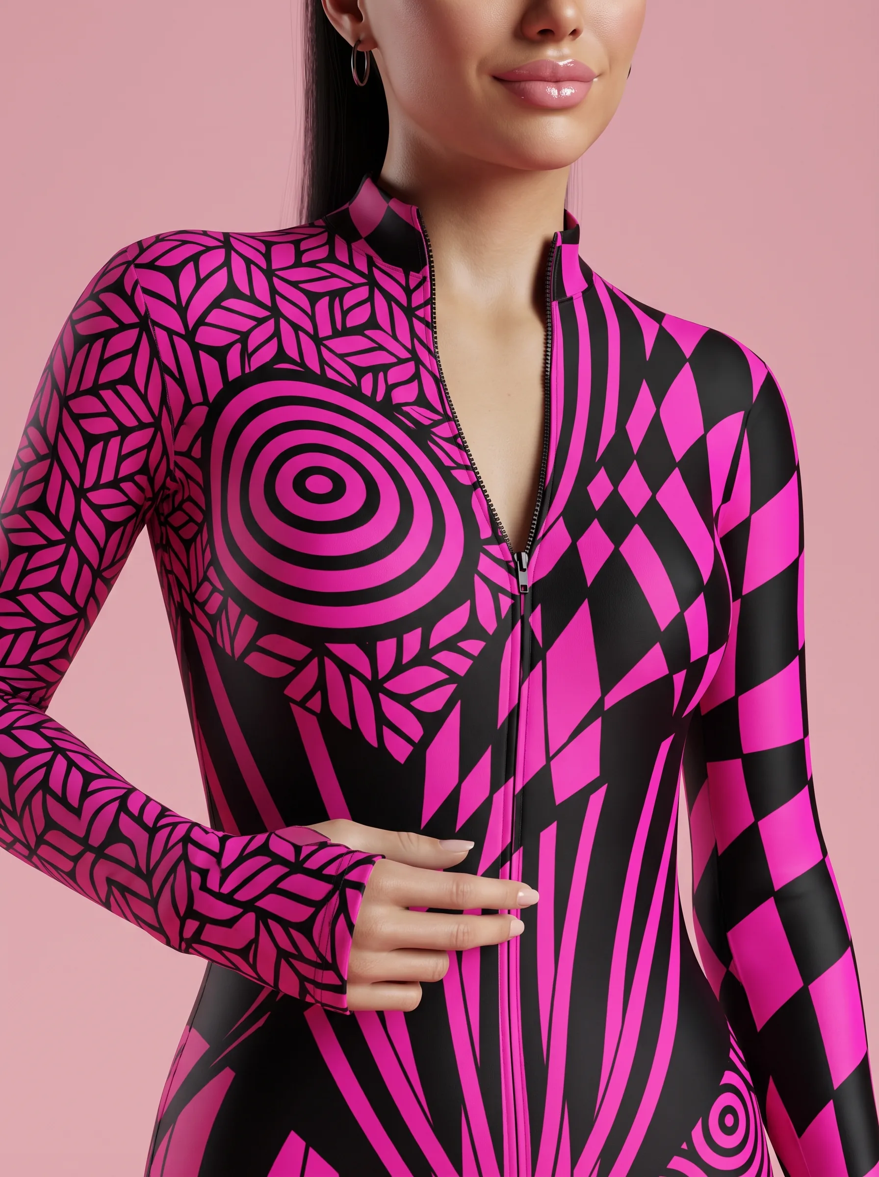 Geometric Print Halloween Costume Catsuit for Women - Hot Pink - View 2