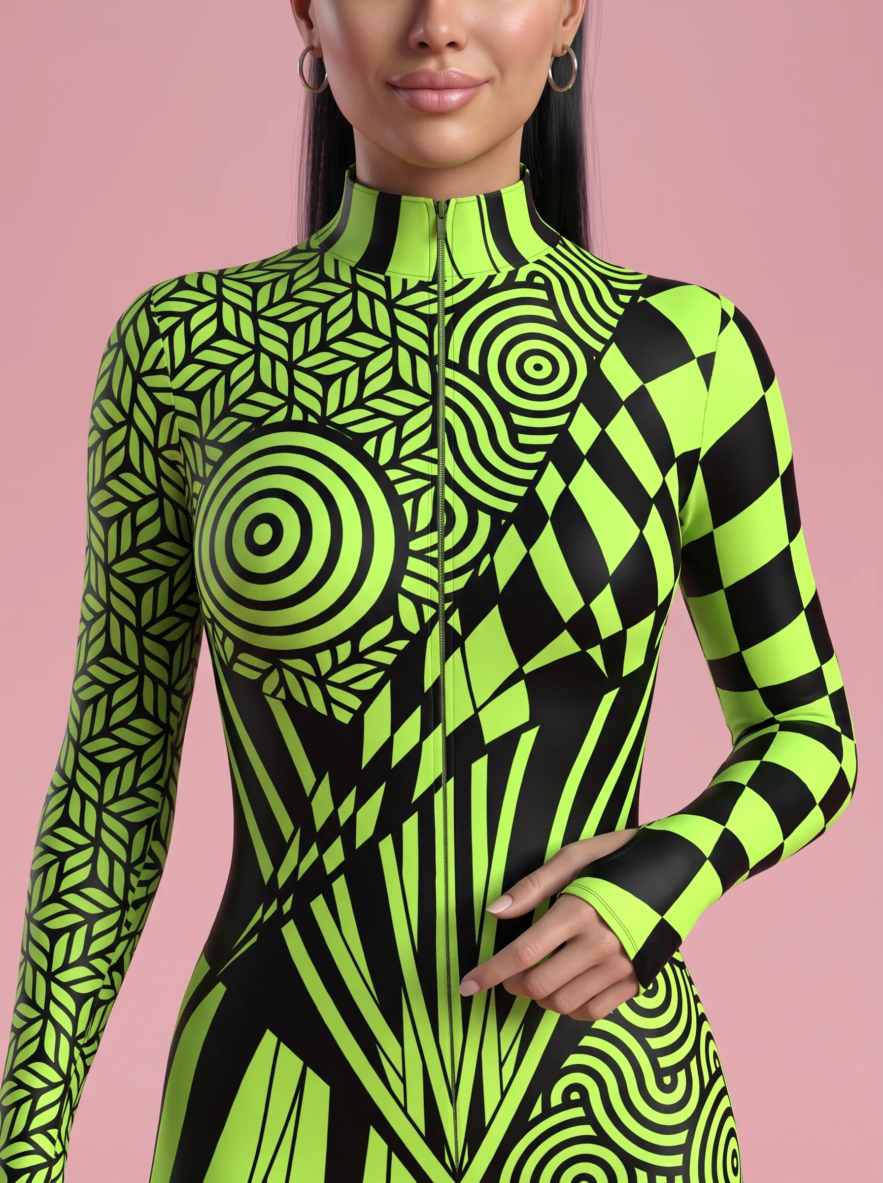 Geometric Print Halloween Costume Catsuit for Women - Neon Green - View 2