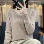Women's Long-sleeved Sweater Top With Tie Buckle - Light Oat Color - View 1