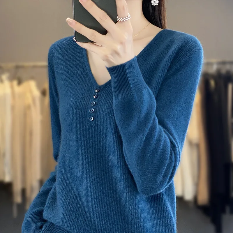 Women's Long sleeved Sweater Top With Tie Buckle Seaweed Blue - Shop at LoveMi