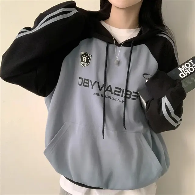 Thin Stitching Velvet Padded Hooded Sweatshirt Women Black Blue Thin Design - Shop at LoveMi