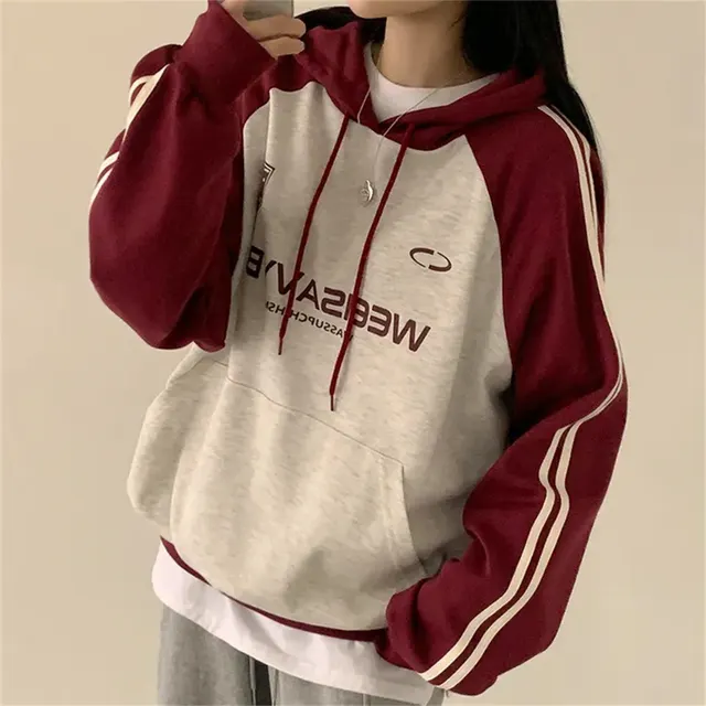 Thin Stitching Velvet Padded Hooded Sweatshirt Women Reddish Gray Plush Style - Shop at LoveMi