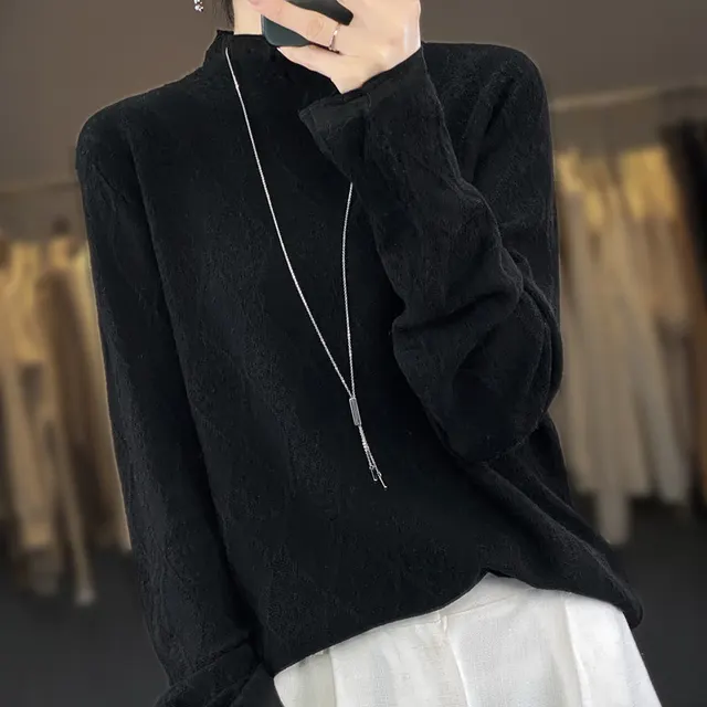 Women's Lace Cutout Half Turtleneck Worsted Wool Sweater Black - Shop at LoveMi