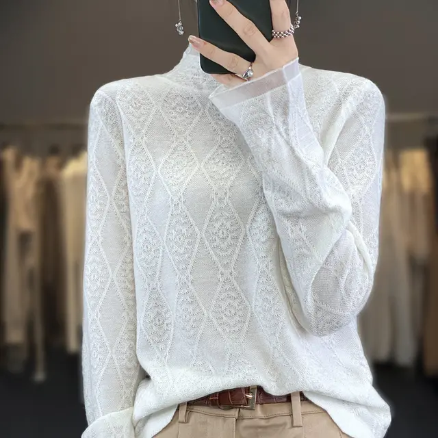 Women's Lace Cutout Half Turtleneck Worsted Wool Sweater White - Shop at LoveMi