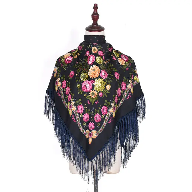 Ethnic Style Tassel Flowers Printed Scarf Embroidered Shawl Navy Blue - Shop at LoveMi