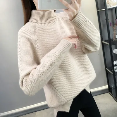 Hemp Pattern High Neck Thickened Keep Warm Inner Match Sweater Knitted Bottoming Shirt Long Sleeve Beige Thickened - Shop at LoveMi