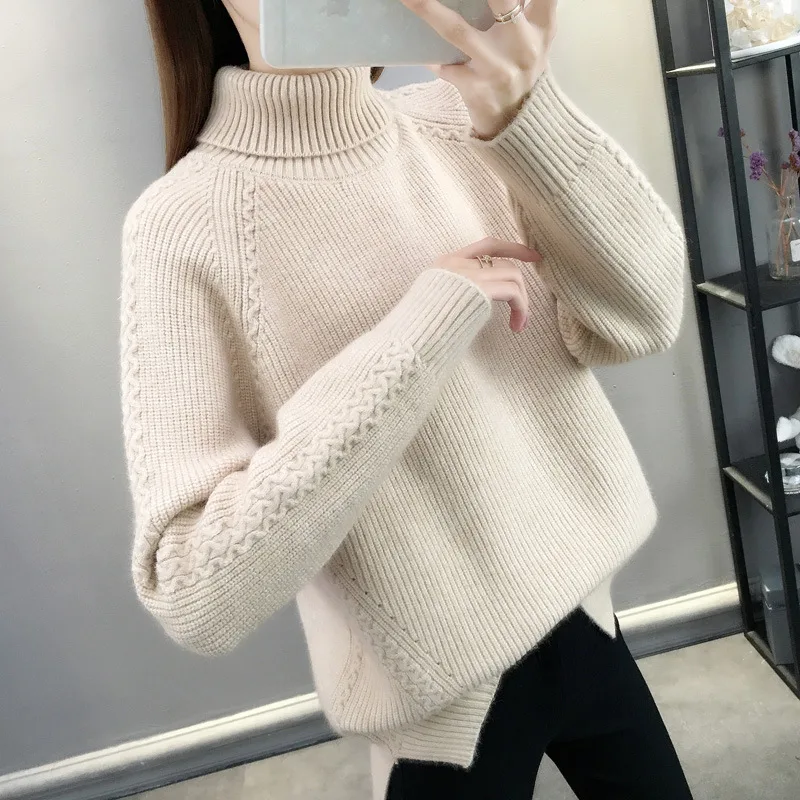 Hemp Pattern High Neck Thickened Keep Warm Inner Match Sweater Knitted Bottoming Shirt Long Sleeve - Beige Thickened