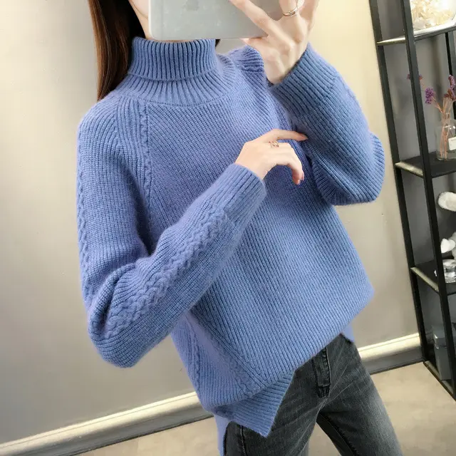 Hemp Pattern High Neck Thickened Keep Warm Inner Match Sweater Knitted Bottoming Shirt Long Sleeve Blue Thickened - Shop at LoveMi