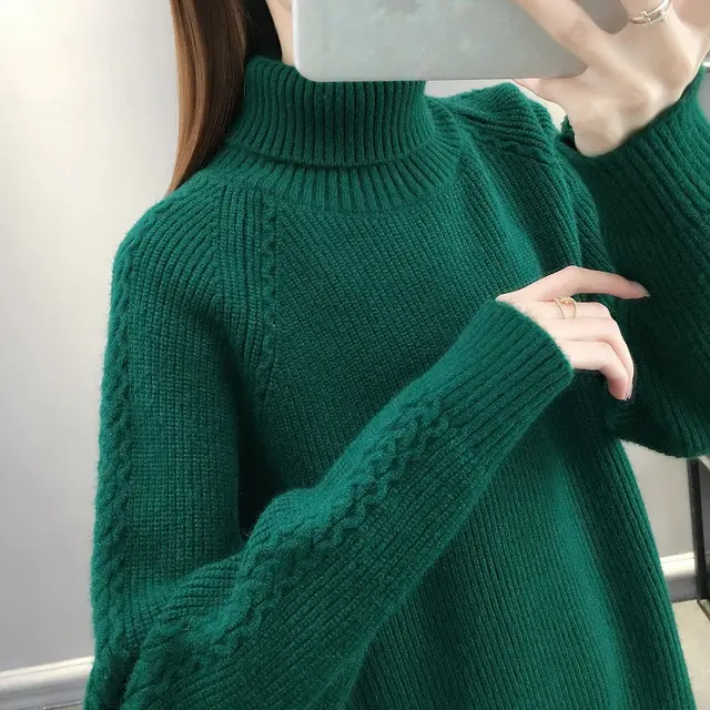 Hemp Pattern High Neck Thickened Keep Warm Inner Match Sweater Knitted Bottoming Shirt Long Sleeve Dark Green Thickened - Shop at LoveMi