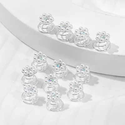 Rhinestone Updo Small Hairclip Bang Clip Barrette Pearl Flower Hair Accessories 12Pc Pearl Flower Silver - Shop at LoveMi