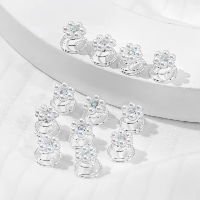 Rhinestone Updo Small Hairclip Bang Clip Barrette Pearl Flower Hair Accessories 12Pc Pearl Flower Silver - Shop at LoveMi