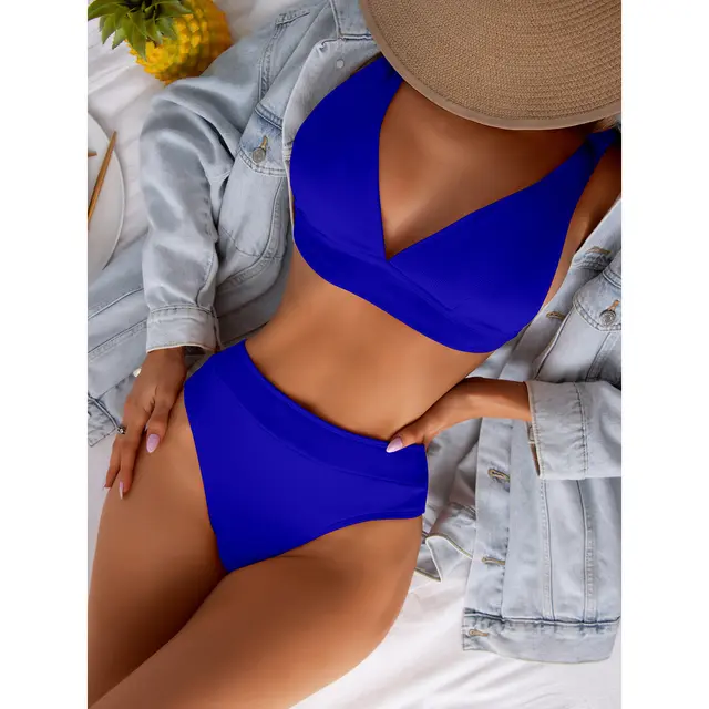 High Waisted Sexy Split Bikini Swimsuit Sapphire Blue - Shop at LoveMi