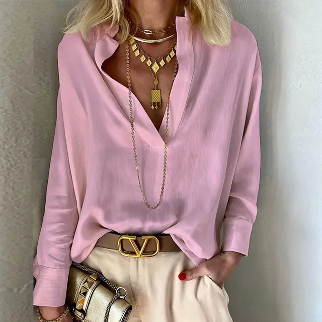 Solid Color Stand Collar Long Sleeve Bohemian Cotton And Linen Shirt Pink - Shop at LoveMi