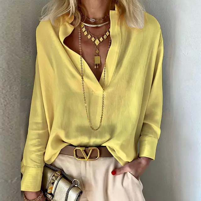 Solid Color Stand Collar Long Sleeve Bohemian Cotton And Linen Shirt Yellow - Shop at LoveMi