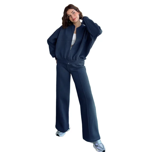 European And American Solid Color Zipper Cardigan Sweater Fashion Casual Set Dark Blue - Shop at LoveMi
