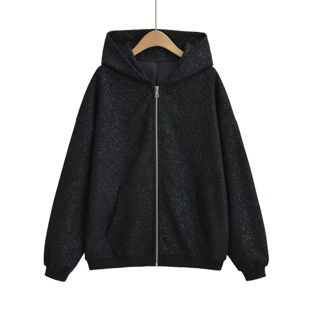 Hot Silver Shiny Loose Hooded Zip Cardigan Coat Trousers Black, Hoodie 2432 - Shop at LoveMi