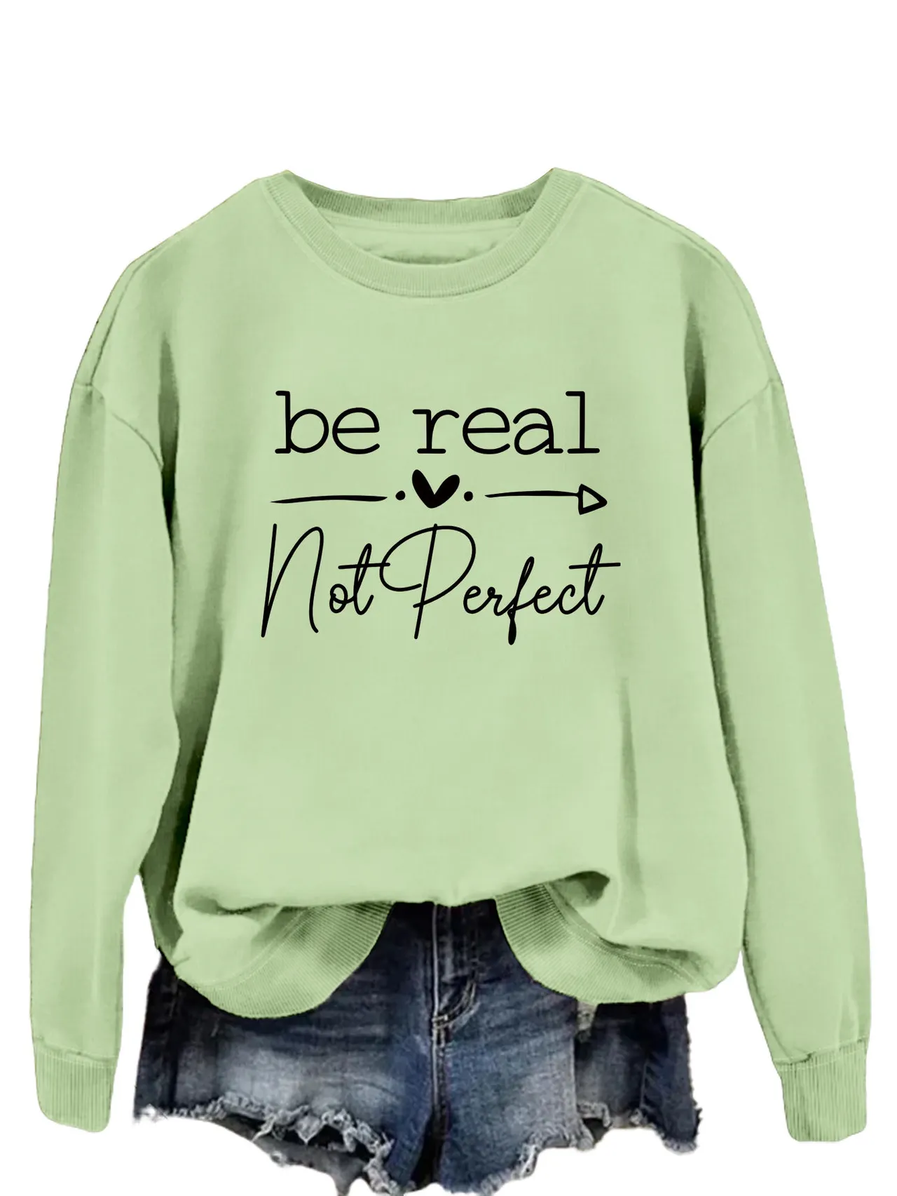 Simple Letter Be Real Not Perfect Printed Pullover Loose-fitting Long Sleeves Sweatshirt - Olive Green Black Sweater Font