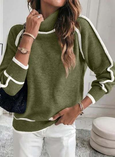 Autumn And Winter Solid Color Color Matching High necked Casual Women's Clothing Fashion Knit Top Outerwear Green - Shop at LoveMi